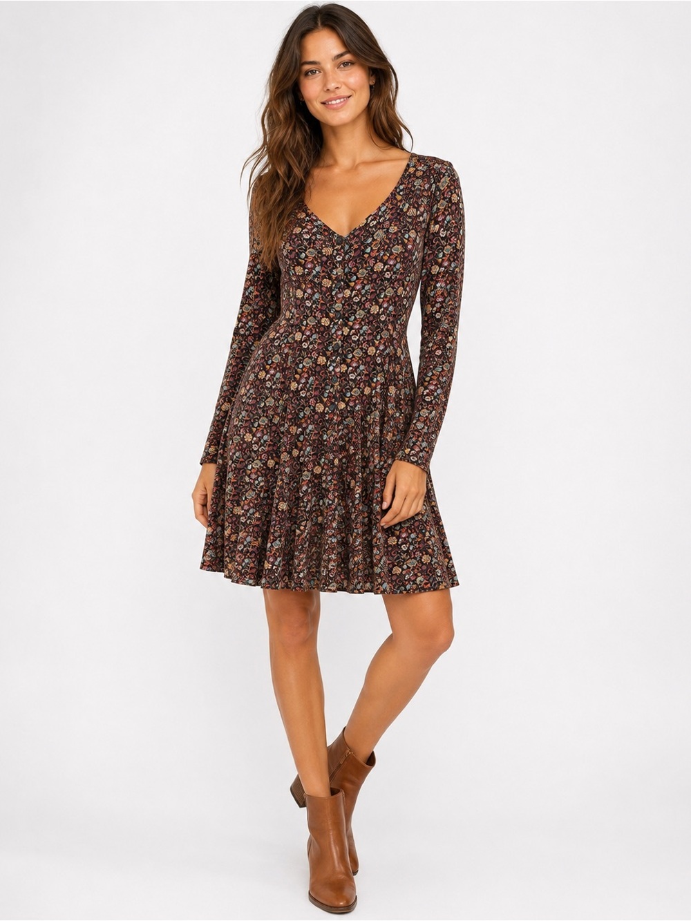 Peruvian Connection Floral Lace-Up Back Long Sleeve Fit & Flare Dress L Romantic